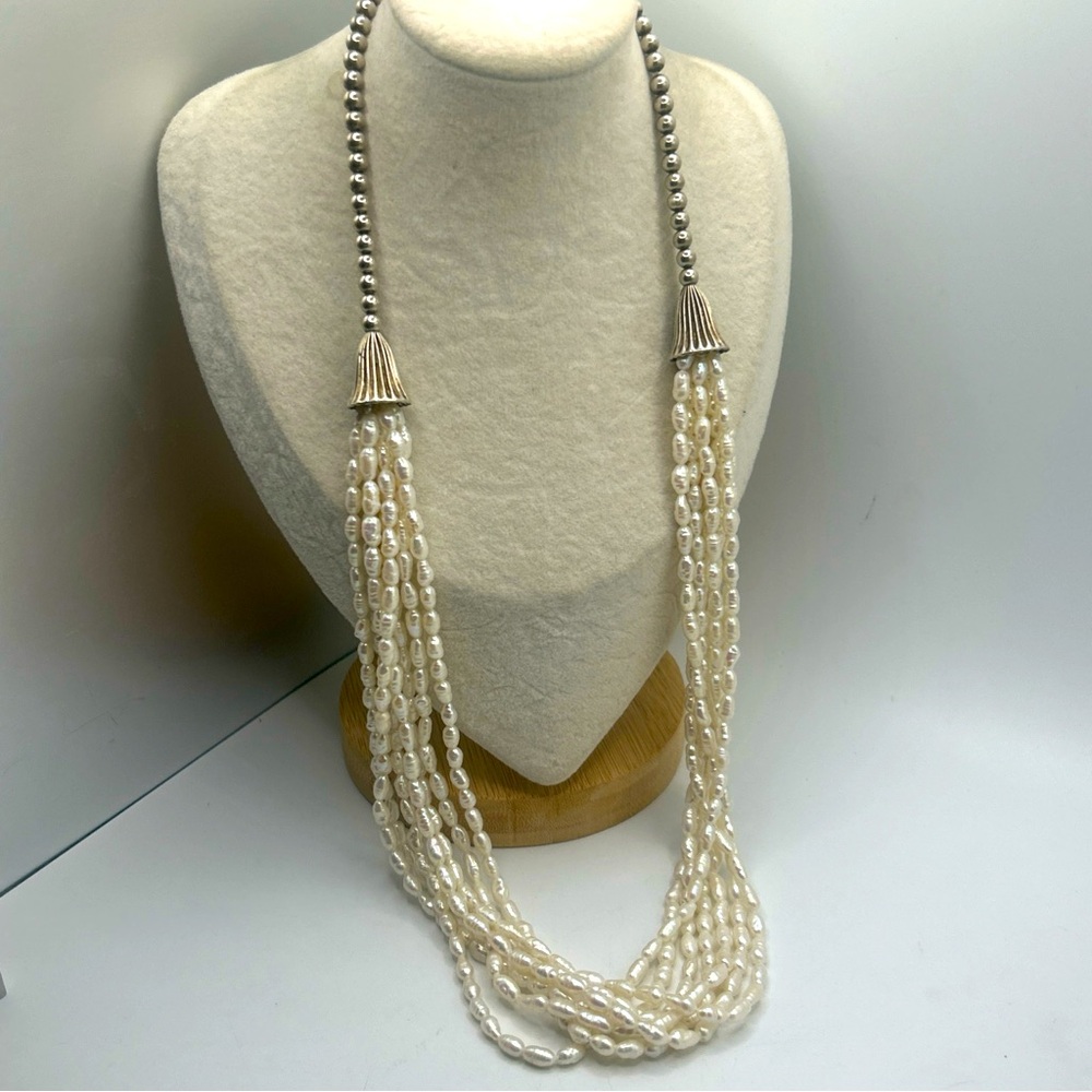 Vintage Necklace  Rice Pearl Strands Sterling Beads & Lg SS End-cones Rare